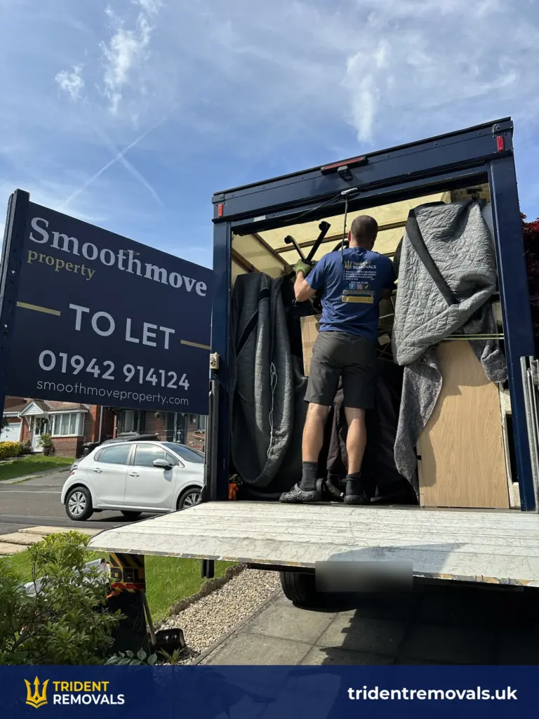 Furniture wrapped and strapped in the Luton van on an Allerton to Tyldesley removal