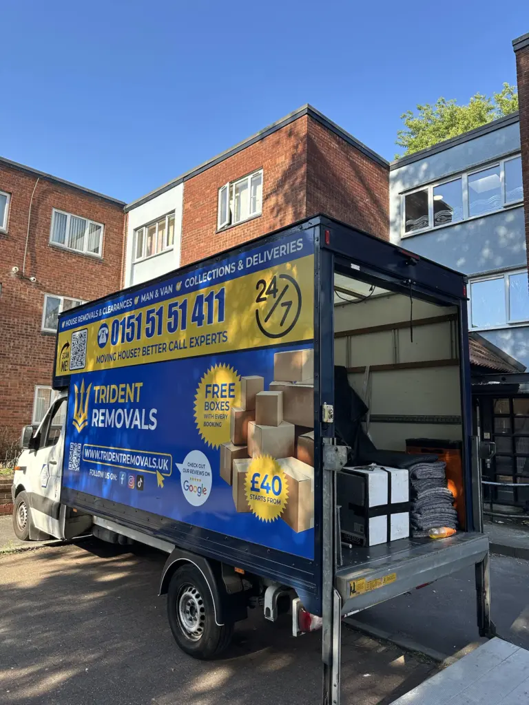 Trident Removals Luton van outside the Grovelands flats in Princes Park, Liverpool