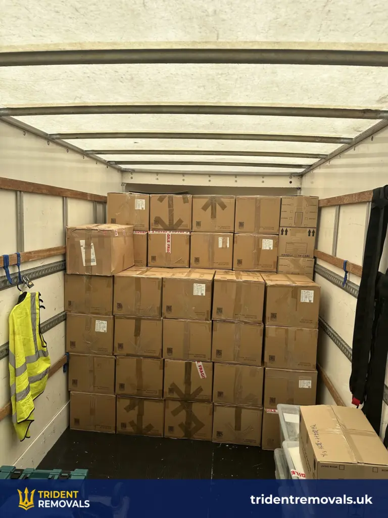 Flat Removal Edge Hill to Wavertree: Top Floor, No Lift Reliable Removals and House Clearance in Liverpool Boxes stacked tightly in the Luton van during a 2 bed flat removal from Edge Hill