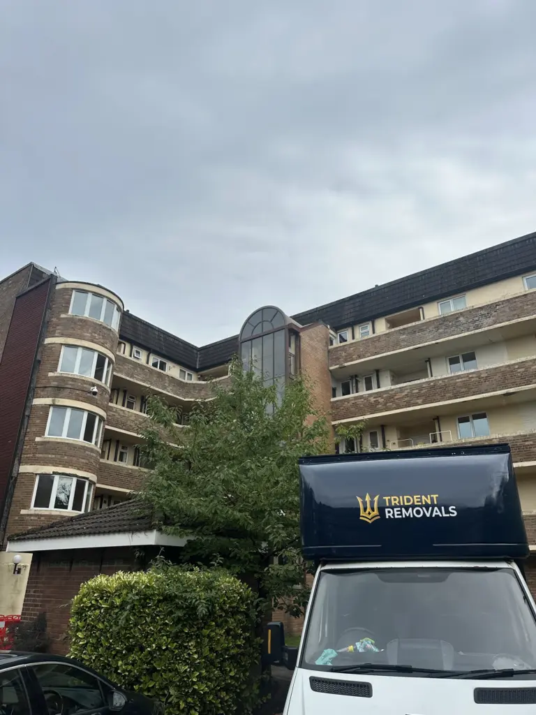 Flat Removal Edge Hill to Wavertree: Top Floor, No Lift Reliable Removals and House Clearance in Liverpool Trident Removals Luton van outside a block of flats in Edge Hill, Liverpool