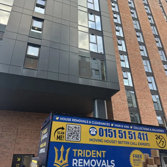Student move Kensington: Trident Removals van outside student accommodation on Erskine Street, Liverpool L6
