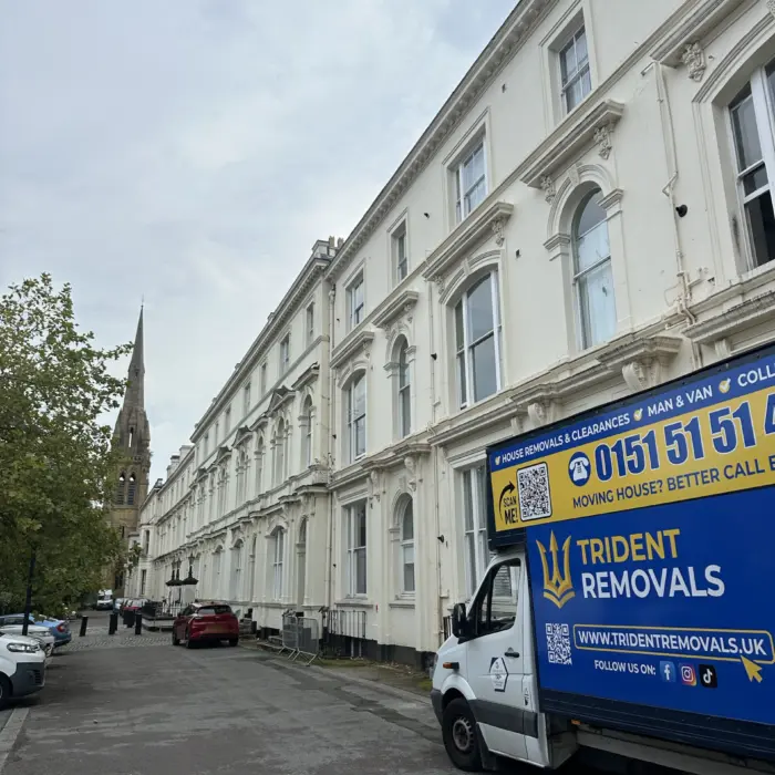 Man and van Toxteth move: Trident Removals van outside a Victorian terrace in Liverpool 8