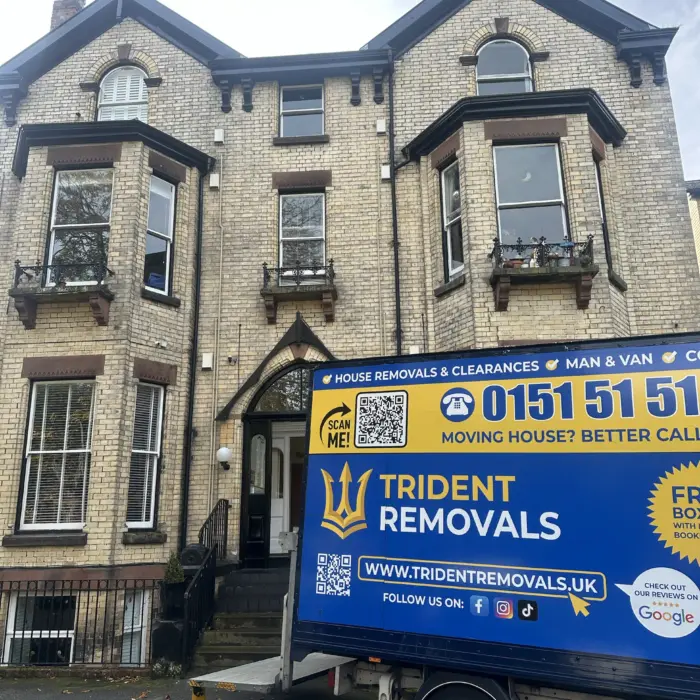 Trident Removals man and van Luton van outside a Victorian building in Aigburth, Liverpool