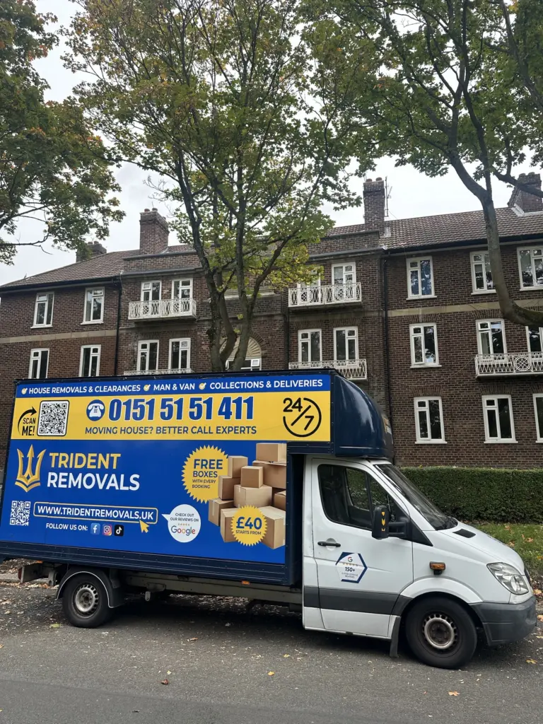 Trident Removals van outside a block of flats in Allerton, Liverpool