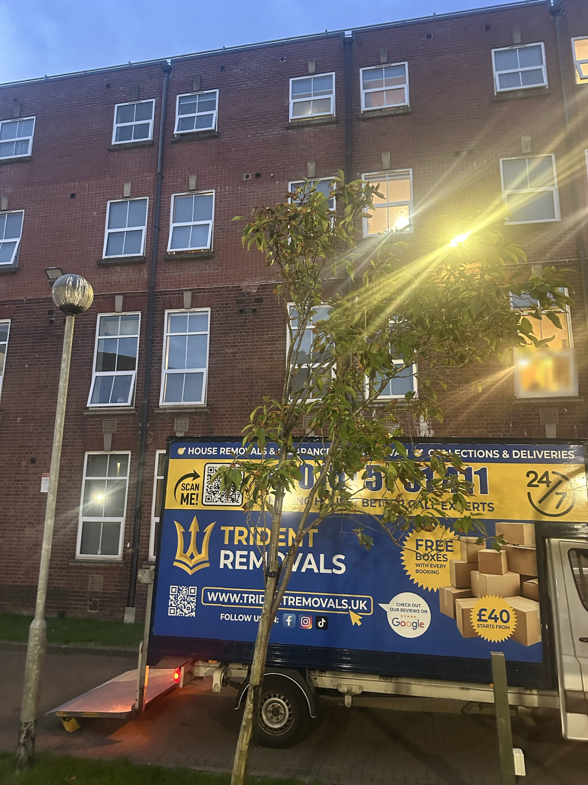 Horizon Heights Student Move from Cambridge Court, Liverpool Reliable Removals and House Clearance in Liverpool Trident Removals van loading at Cambridge Court student halls, Liverpool L7, for a student move to Horizon Heights