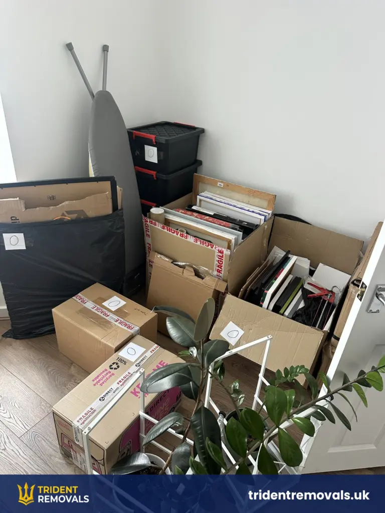 Boxes packed and labelled ready for a house removal in Norris Green